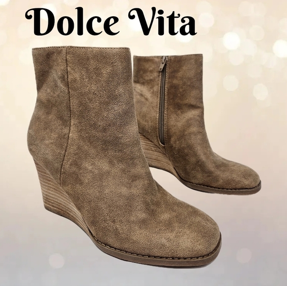 Dolce Vita Shoes - Dolce Vita Rupart Womens Wedge Booties Sz 7 Tan Truffle Faux Suede Square Toe